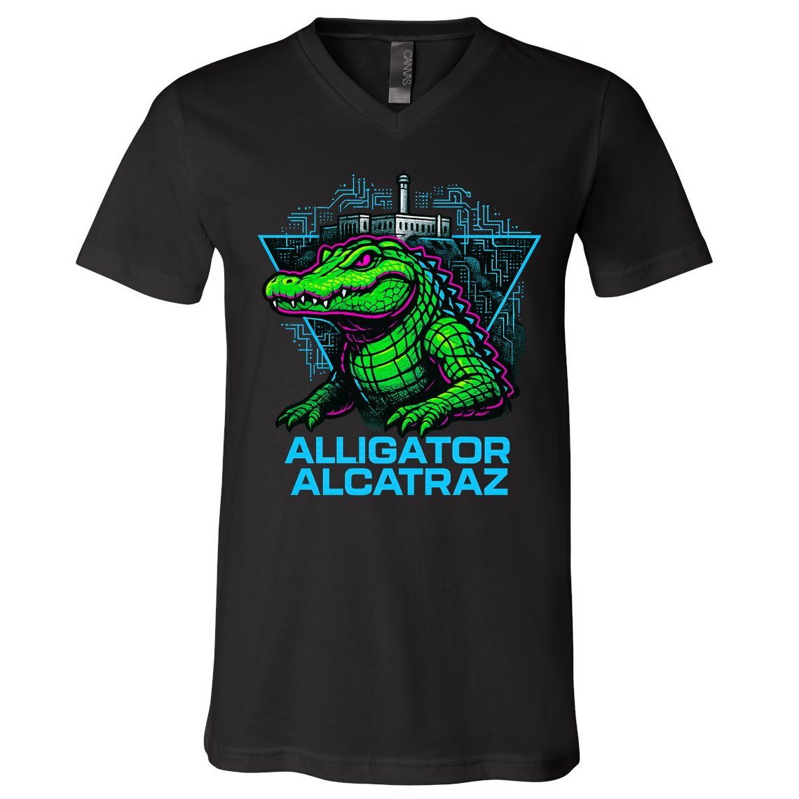 Alligator Alcatraz Neon Cityscape V-Neck T-Shirt