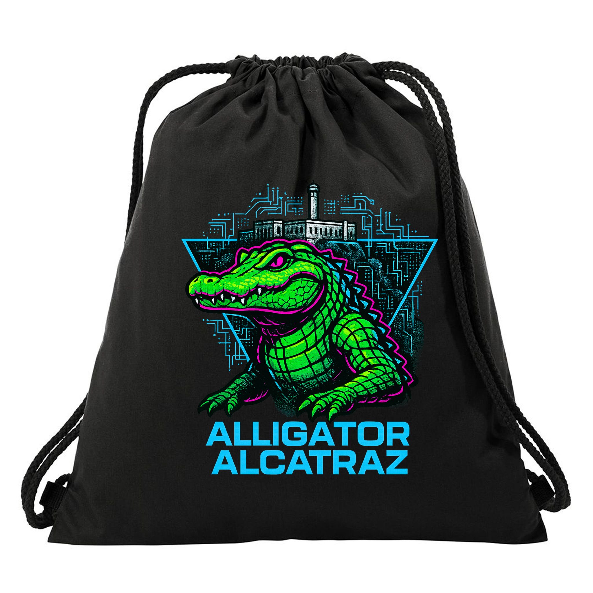 Alligator Alcatraz Neon Cityscape Drawstring Bag