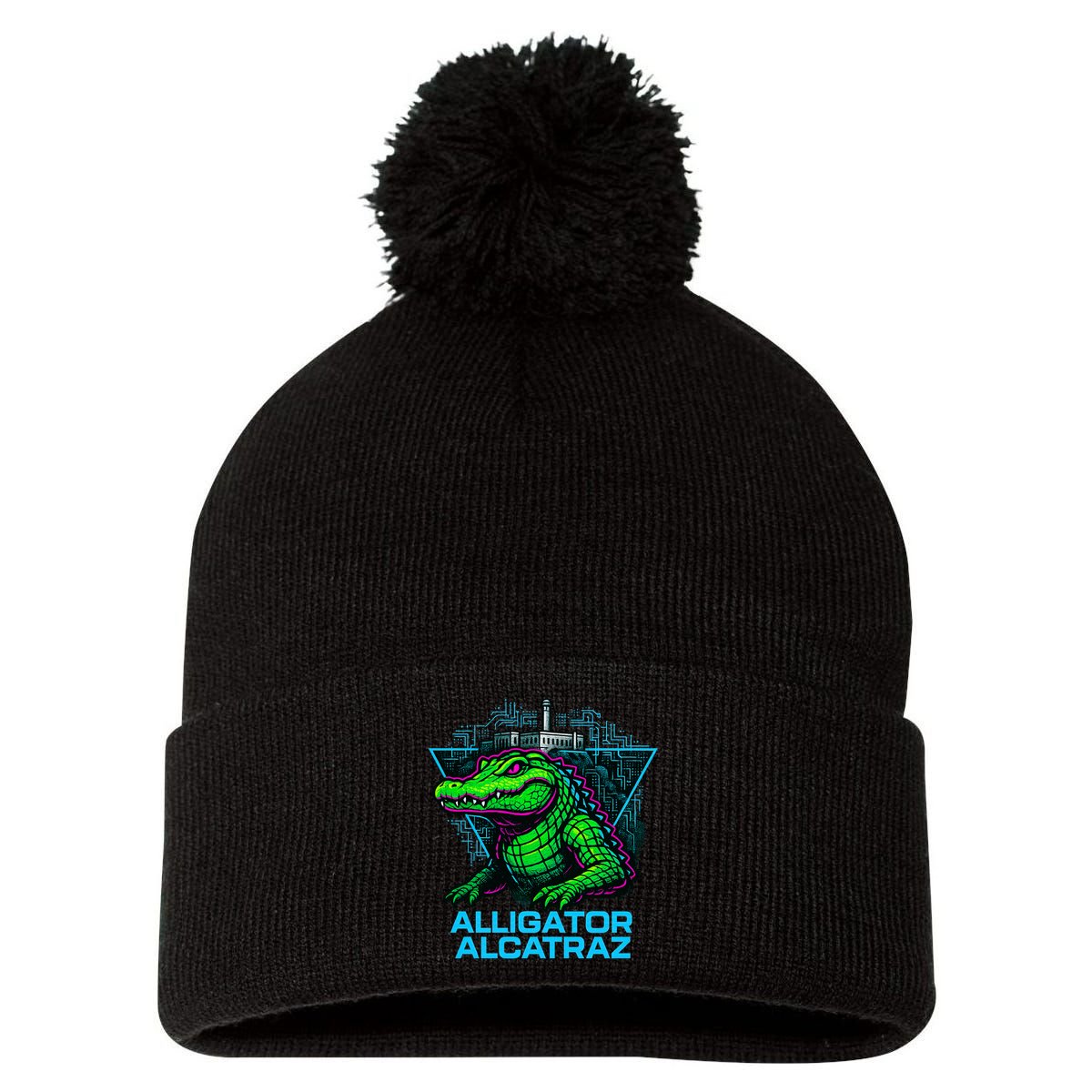 Alligator Alcatraz Neon Cityscape Pom Pom 12in Knit Beanie