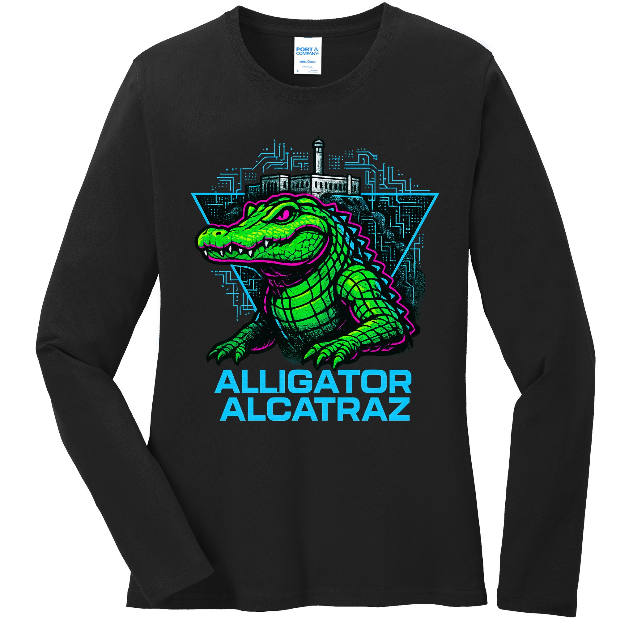 Alligator Alcatraz Neon Cityscape Ladies Long Sleeve Shirt