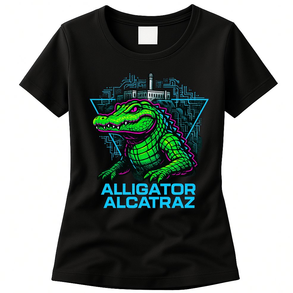 Alligator Alcatraz Neon Cityscape Womens T-Shirt
