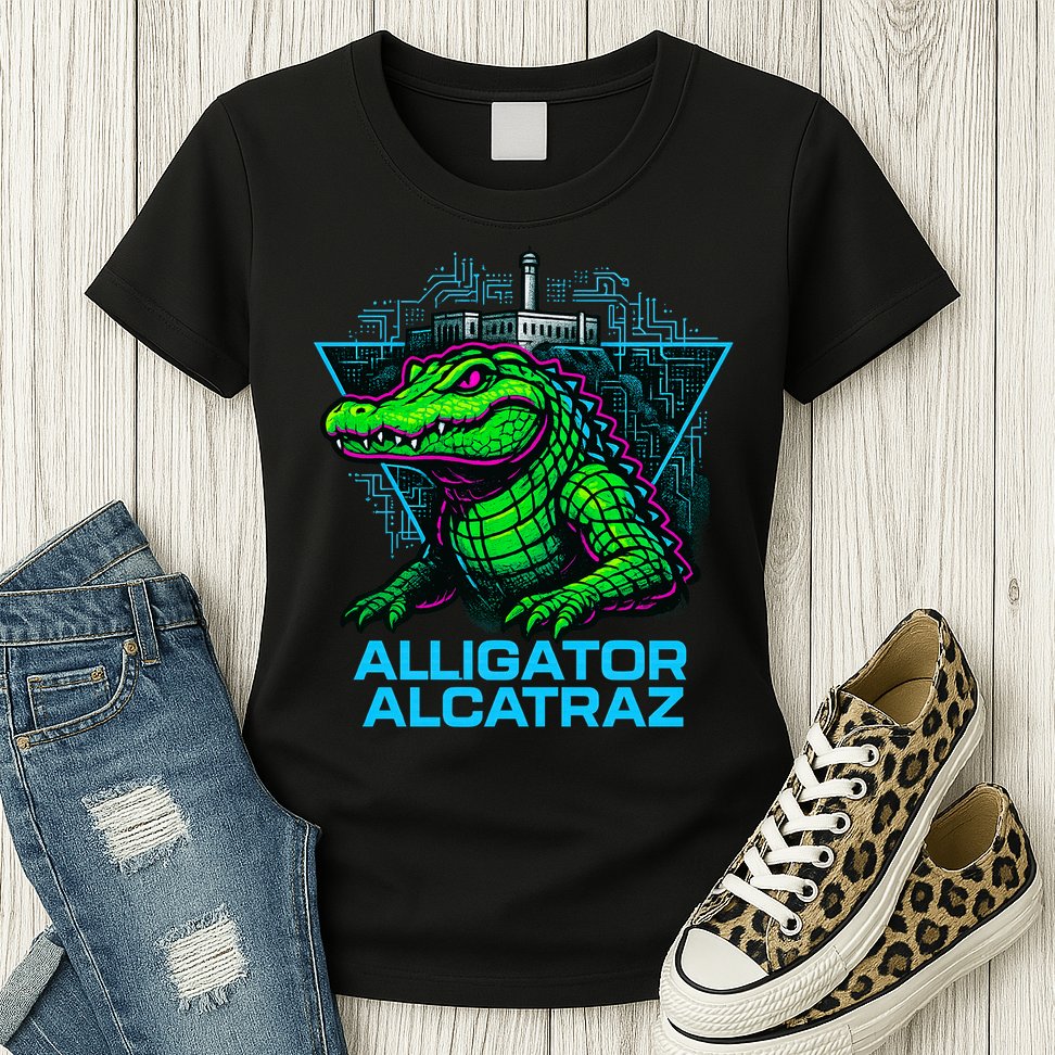 Alligator Alcatraz Neon Cityscape Womens T-Shirt