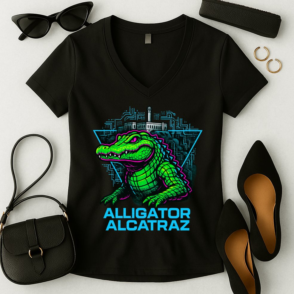 Alligator Alcatraz Neon Cityscape Women's V-Neck T-Shirt
