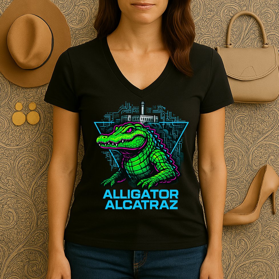 Alligator Alcatraz Neon Cityscape Women's V-Neck T-Shirt