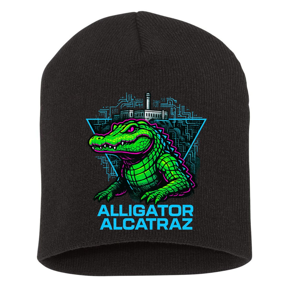 Alligator Alcatraz Neon Cityscape Short Acrylic Beanie