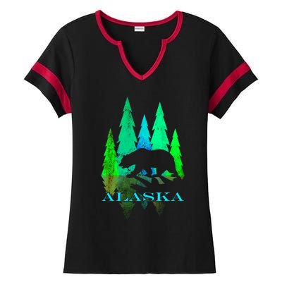 Alaska Alaskan Northern Light Trees With Bear Ladies Halftime Notch Neck Tee