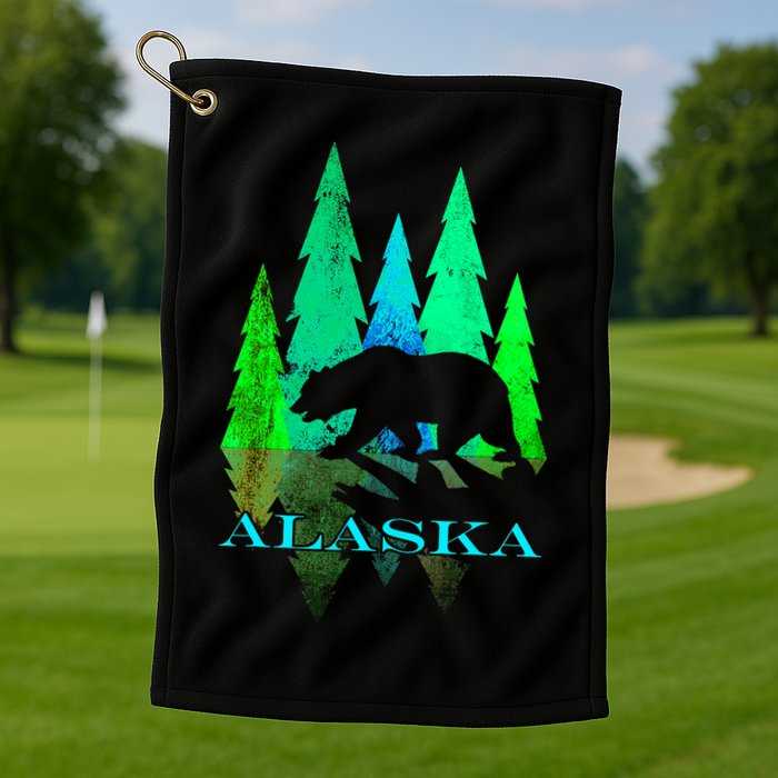 Alaska Alaskan Northern Light Trees With Bear Golf Towel