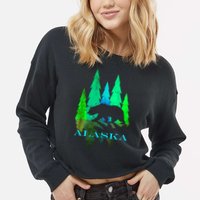 Alaska Alaskan Northern Light Trees With Bear Cropped Pullover Crew
