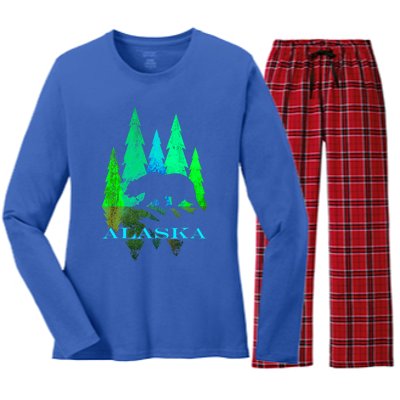 Alaska Alaskan Northern Light Trees With Bear Women's Long Sleeve Flannel Pajama Set 