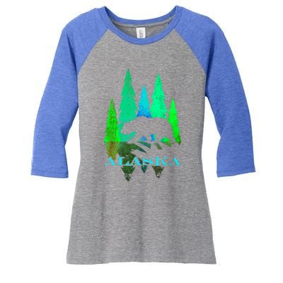 Alaska Alaskan Northern Light Trees With Bear Women's Tri-Blend 3/4-Sleeve Raglan Shirt