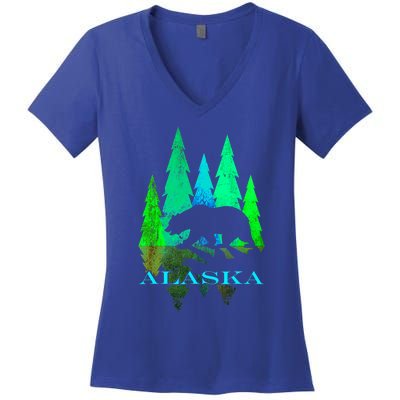 Alaska Alaskan Northern Light Trees With Bear Women's V-Neck T-Shirt