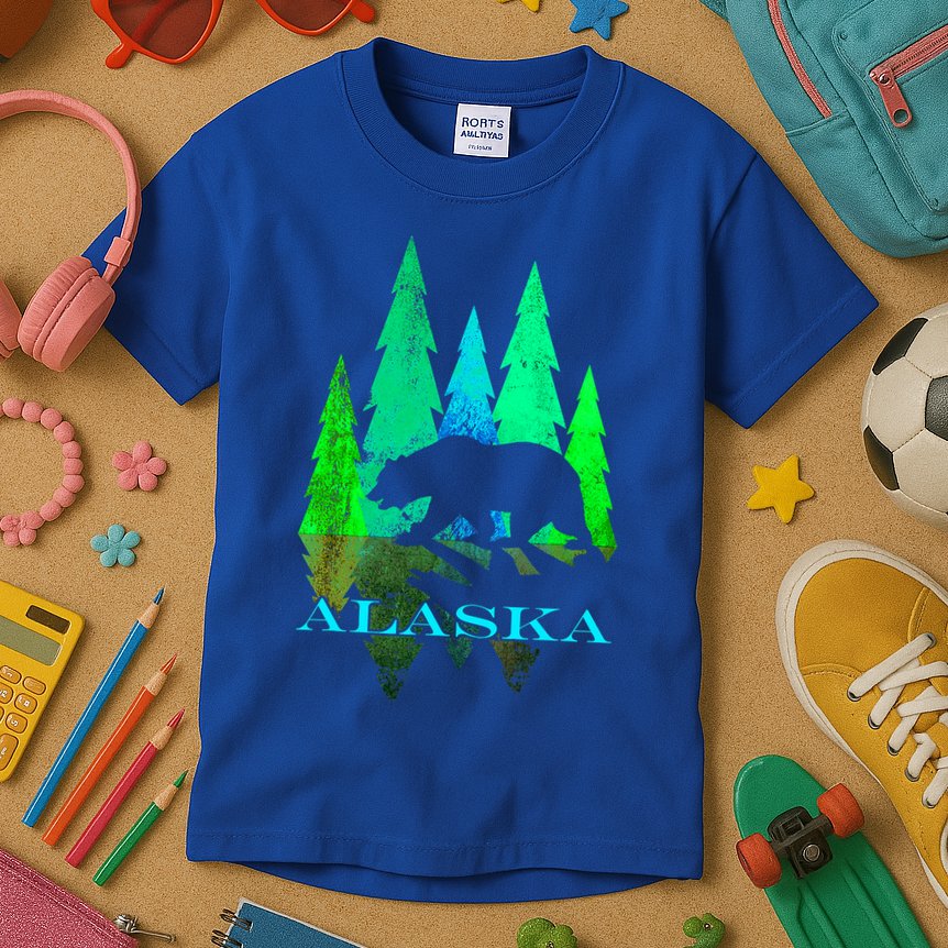 Alaska Alaskan Northern Light Trees With Bear Kids T-Shirt
