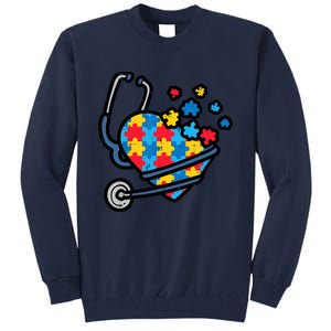 Autism Awareness Nurse Stethoscope Heart ASD Scrub Top Wo Tall Sweatshirt