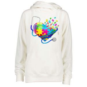 Autism Awareness Nurse Heart Womens Funnel Neck Pullover Hood