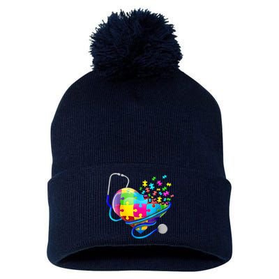 Autism Awareness Nurse Heart Pom Pom 12in Knit Beanie