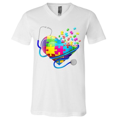 Autism Awareness Nurse Heart V-Neck T-Shirt