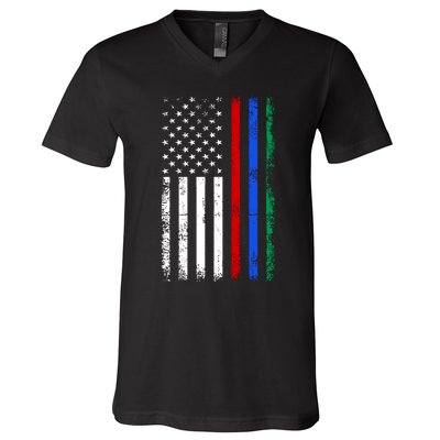 AnAmericanFlagWithMilitary,PoliceAndFirefighterStripesDesign V-Neck T-Shirt