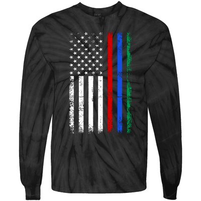 AnAmericanFlagWithMilitary,PoliceAndFirefighterStripesDesign Tie-Dye Long Sleeve Shirt