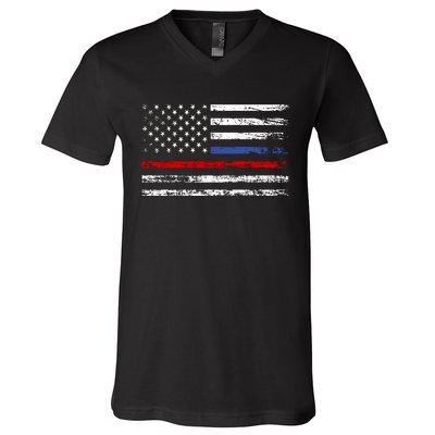 AnAmericanFlagWithPoliceAndFirefighterStripesDesign V-Neck T-Shirt