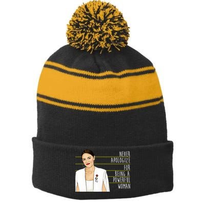 AOC Alexandria Ocasio Cortez Powerful Woman Quote Stripe Pom Pom Beanie