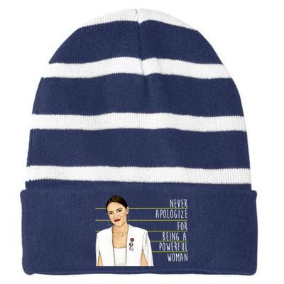 AOC Alexandria Ocasio Cortez Powerful Woman Quote Striped Beanie with Solid Band