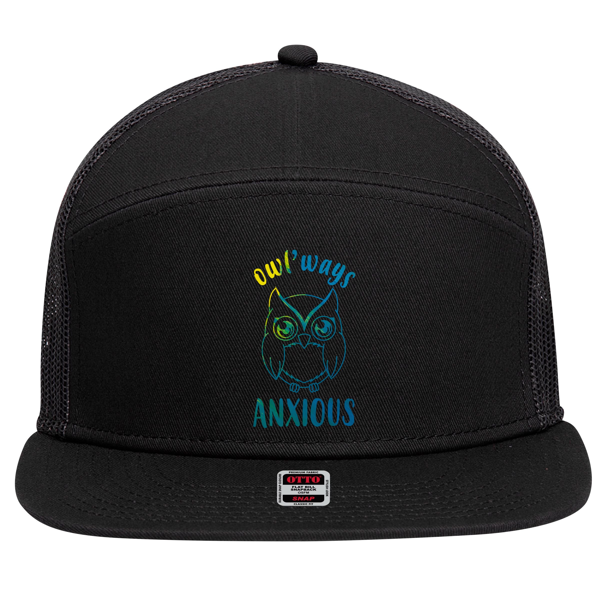 Always Anxious Owl Funny 7 Panel Mesh Trucker Snapback Hat