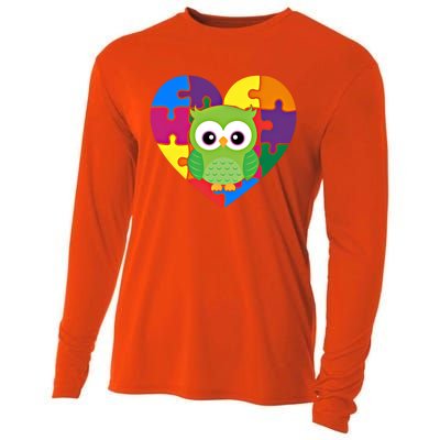 Autism Awareness Owl Heart ValentineS Day Puzzle Piece Gift Cooling Performance Long Sleeve Crew