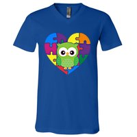 Autism Awareness Owl Heart ValentineS Day Puzzle Piece Gift V-Neck T-Shirt