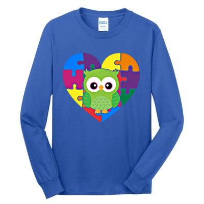 Autism Awareness Owl Heart ValentineS Day Puzzle Piece Gift Tall Long Sleeve T-Shirt