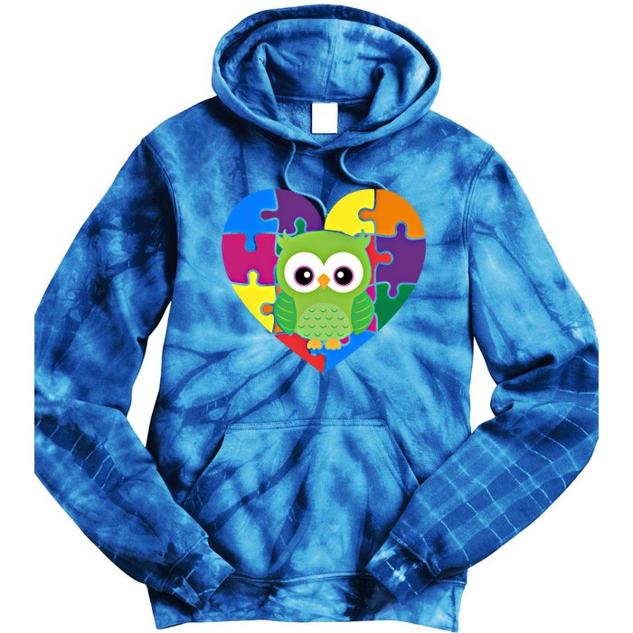 Autism Awareness Owl Heart ValentineS Day Puzzle Piece Gift Tie Dye Hoodie