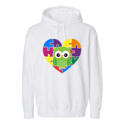 Autism Awareness Owl Heart ValentineS Day Puzzle Piece Gift Garment-Dyed Fleece Hoodie