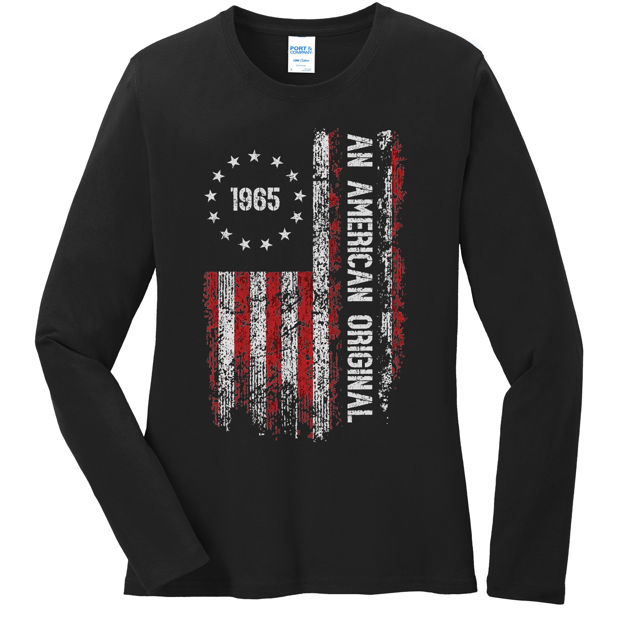 An American Original 1965 Birthday Vintage American Flag Ladies Long Sleeve Shirt
