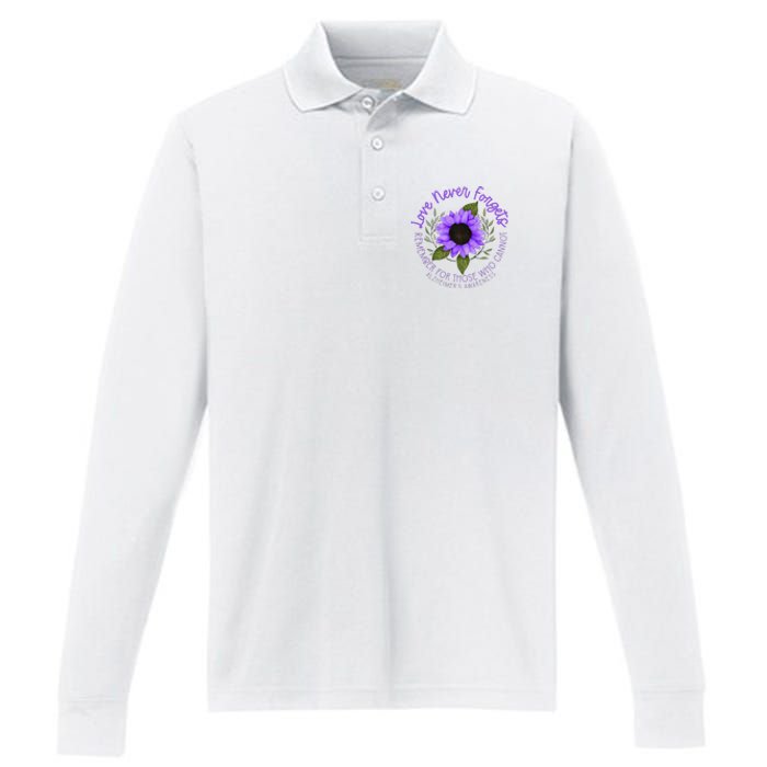 Alzheimer Awareness Purple Sunflower Performance Long Sleeve Polo