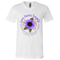 Alzheimer Awareness Purple Sunflower V-Neck T-Shirt