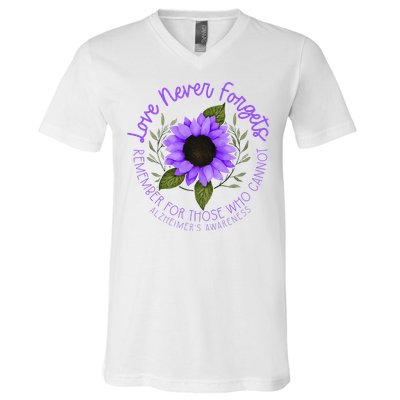 Alzheimer Awareness Purple Sunflower V-Neck T-Shirt