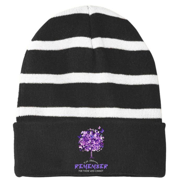 Alzheimers Awareness Purple Butterfly Striped Beanie with Solid Band