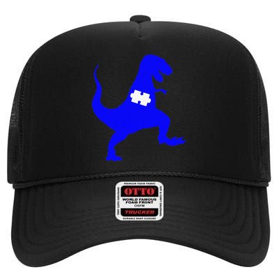 Autism Awareness Puzzle Blue Dinosaur High Crown Mesh Back Trucker Hat