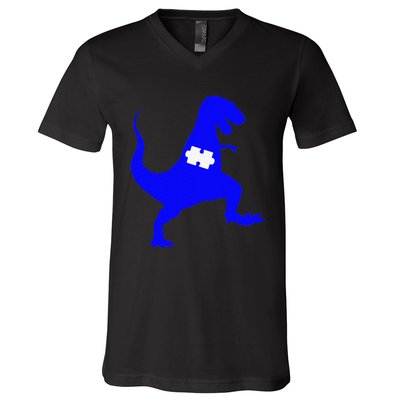 Autism Awareness Puzzle Blue Dinosaur V-Neck T-Shirt