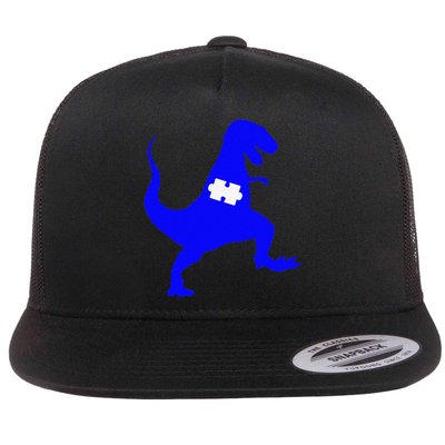 Autism Awareness Puzzle Blue Dinosaur Flat Bill Trucker Hat