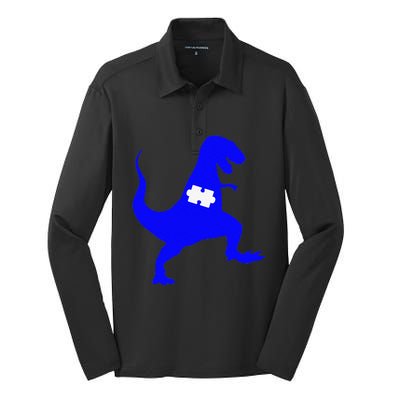 Autism Awareness Puzzle Blue Dinosaur Silk Touch Performance Long Sleeve Polo