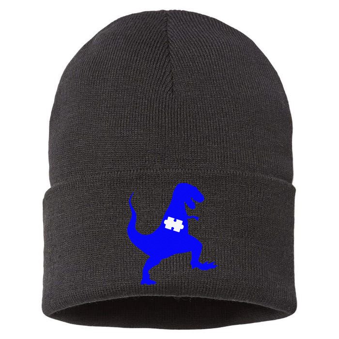 Autism Awareness Puzzle Blue Dinosaur Sustainable Knit Beanie