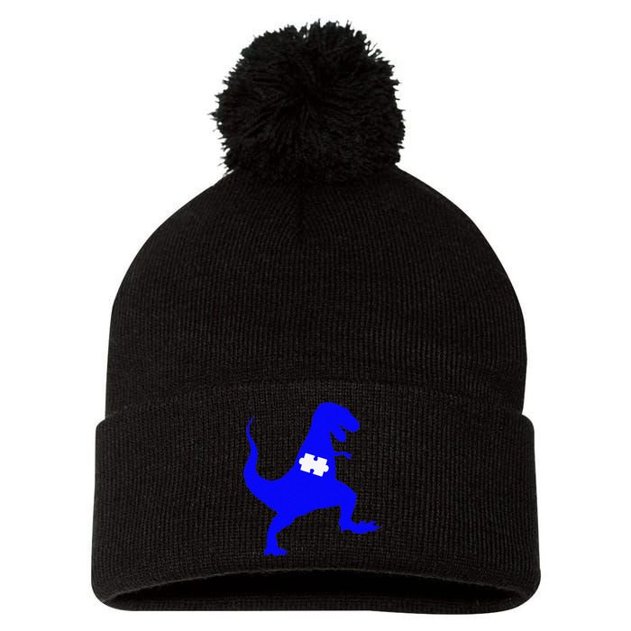 Autism Awareness Puzzle Blue Dinosaur Pom Pom 12in Knit Beanie