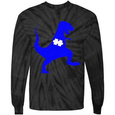 Autism Awareness Puzzle Blue Dinosaur Tie-Dye Long Sleeve Shirt