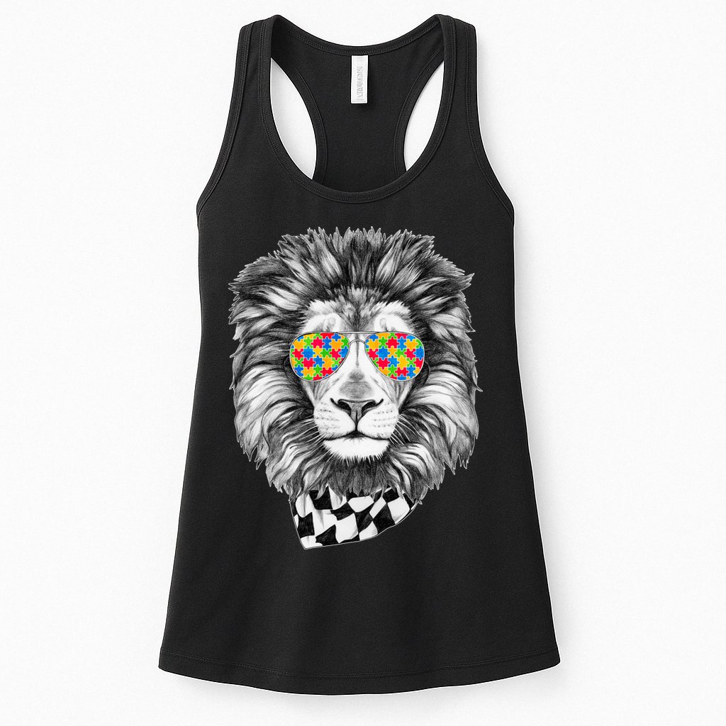 Autism Awareness Puzzle Sunglasses Lion Womens Tank Top