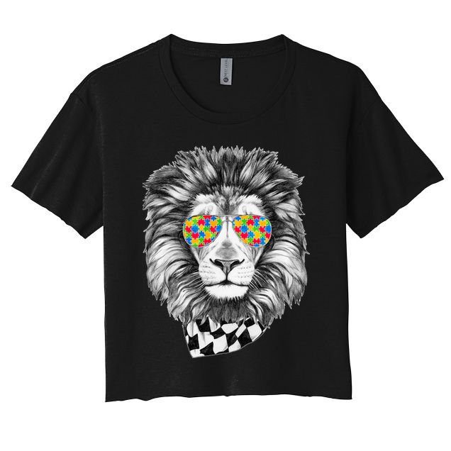 Autism Awareness Puzzle Sunglasses Lion Crop Top