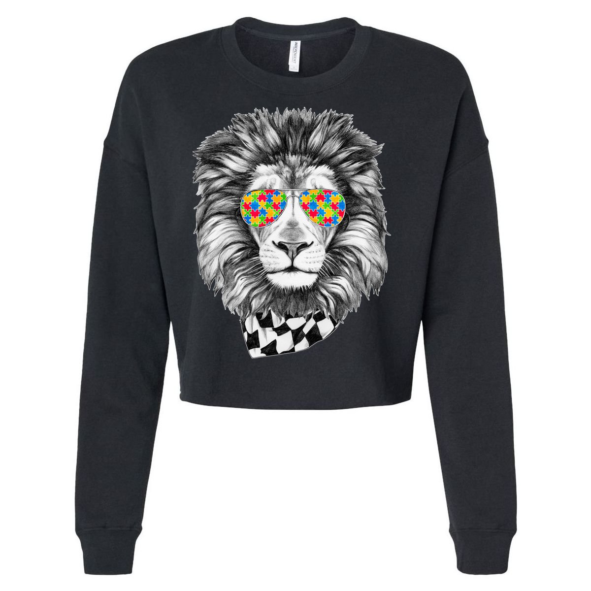 Autism Awareness Puzzle Sunglasses Lion Cropped Pullover Crew