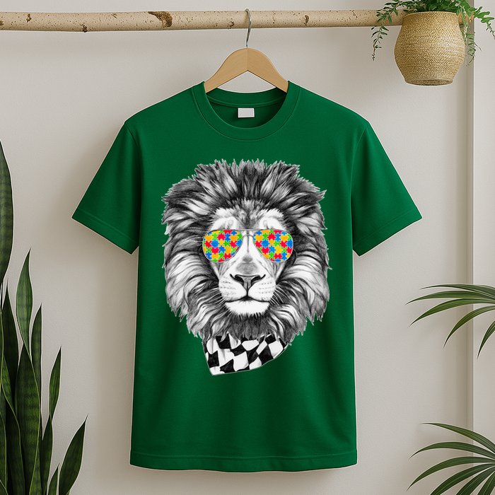 Autism Awareness Puzzle Sunglasses Lion T-Shirt