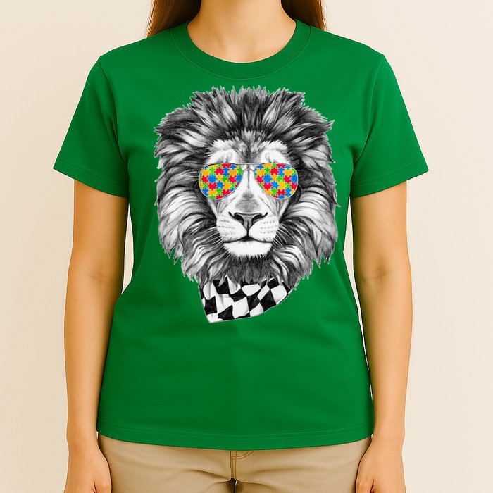 Autism Awareness Puzzle Sunglasses Lion T-Shirt