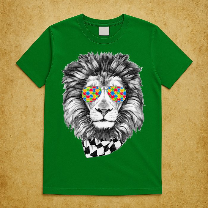 Autism Awareness Puzzle Sunglasses Lion T-Shirt