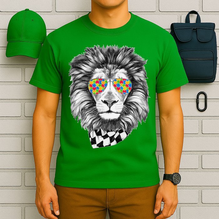 Autism Awareness Puzzle Sunglasses Lion T-Shirt